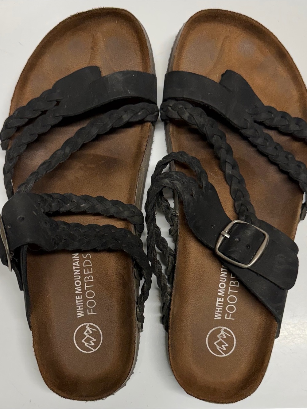 White Mountain Hayleigh Footbeds Braided Black Leather Cork Sandals Size 9